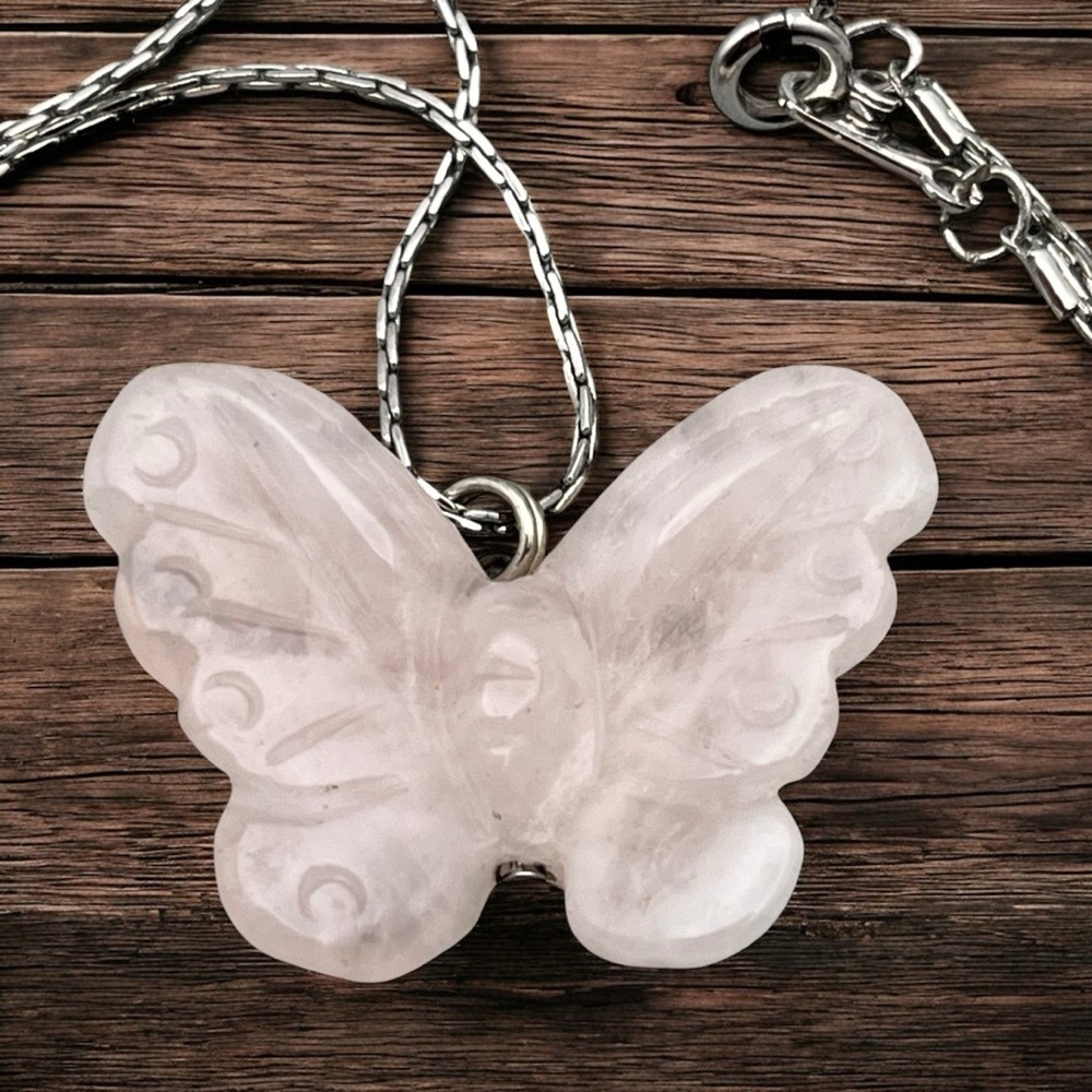 Rose Quartz Butterfly Pendant on Avon Silver Chain Necklace